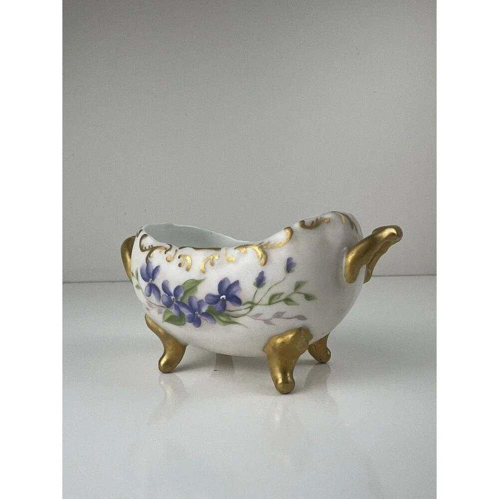 Vintage Porcelain Sugar Bowl Purple Flowers White China Handpainted Marked HW 96